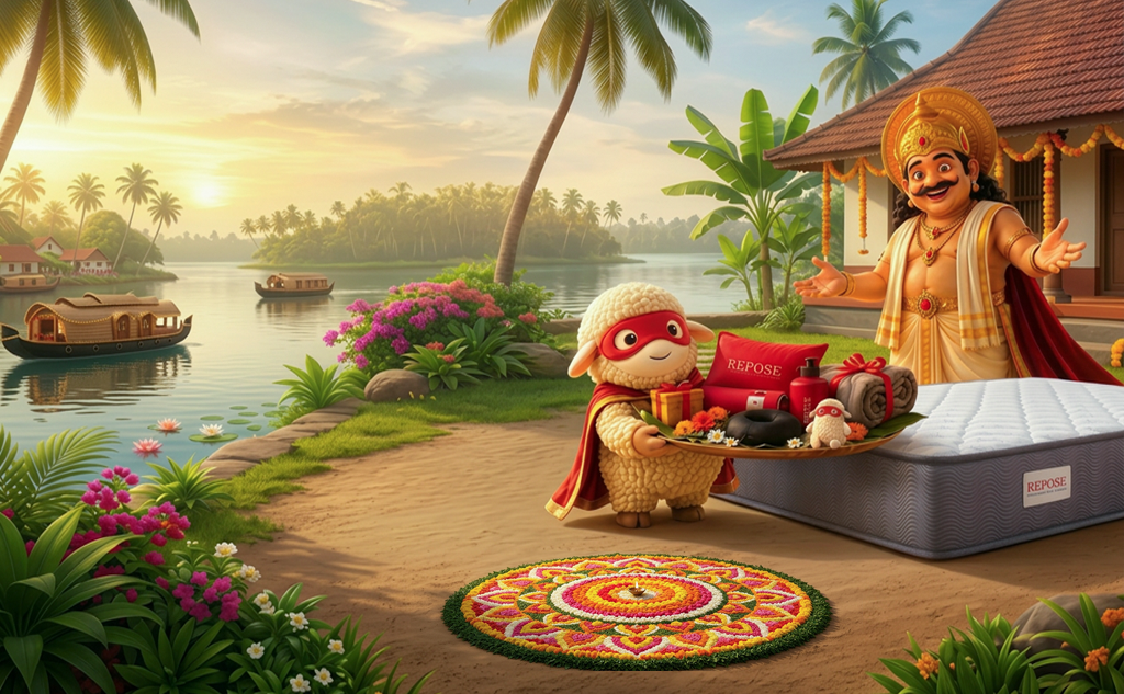 Repose Onam celebration — the mascot presenting festive goodies